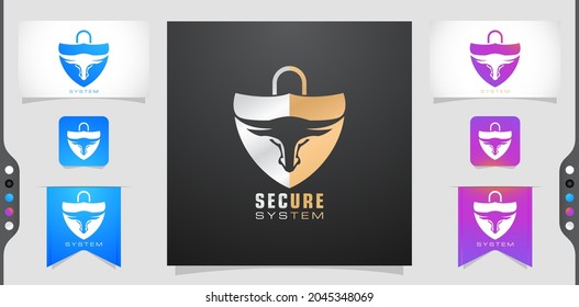 illustration of a SECURE SYSTEM, BULL,SHIELD and LOCK. applicable for logo protection, brand computer system, set of labels for design web. variation design a gold, silver, purple and blue colors.
