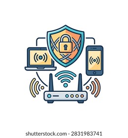 Illustration of a secure wireless network featuring a router, laptop, and smartphone protected by a shield icon.
