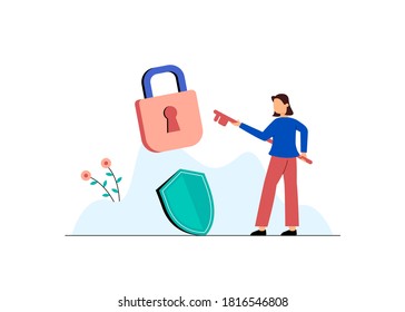 illustration of security concept, woman holding padlock key beside shield and padlock