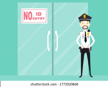 Illustration Of A Security Guard Man Standing Outside A Glass Door With No ID No Entry Policy