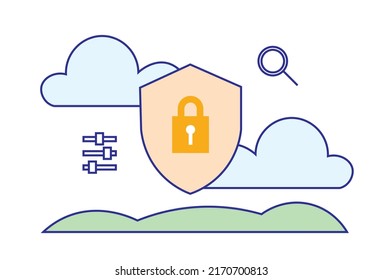 illustration of a security shield with a padlock icon, surrounded by digital elements like clouds, a magnifying glass, and settings sliders, representing data protection