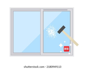 Ilustración de un cristal de la ventana de seguridad que se divide con un mazo.
El significado de "Bohan" en japonés es la prevención del crimen.