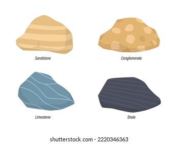 Illustration of sedimentary rock Sandstone, Conglomerate, Limestone and shale