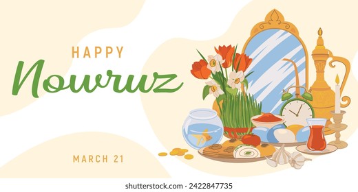 Illustration of a seed (grass) with an oval mirror, eggs, sweets, apples and a lit candle. Greeting card for the celebration of Happy Nowruz, Persian New Year. Vector illustration in katroon style.