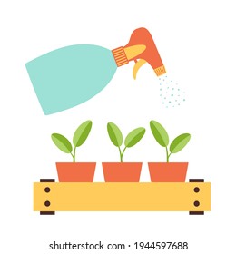 illustration of seedling and spray isolated on white background, small plants growing in the ground, botanical vector illustration in cartoon flat style