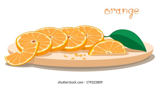 Illustration with segmented orange served on plate. Composition with fruit, juice drops and one green leaf. Clip art with title. Isolated on white. Vector file is EPS8, all elements are grouped.