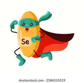 Illustration of a selenium superhero character in yellow with a red cape, symbolizing its antioxidant properties and immune system support.