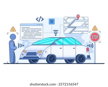 Illustration of self-driving car technology with a modern car equipped with autonomous driving capabilities. Surrounding the car are several symbols highlighting key features of self-driving car