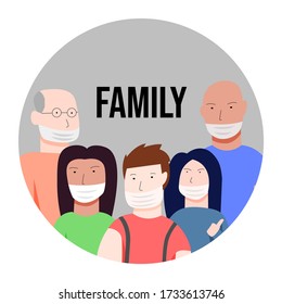 illustration selfie with family, wearing a protective mask during a corona outbreak.