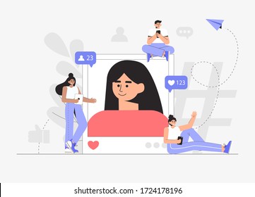 Illustration of a selfie woman in a social profile frame, followers with phones in their hands are standing near. The concept of Social Media Marketing and promotion in social networks.