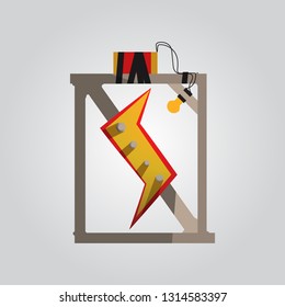 illustration of an selfmade style electrical voltage sign mounted on a metal frame by bolts illuminated by a light bulb