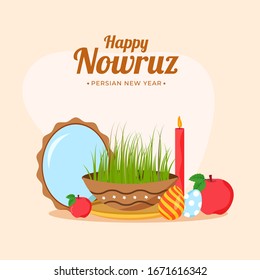 Illustration of Semeni (Grass) with Oval Mirror, Eggs, Apples and Illuminated Candle on Pastel Peach Background for Happy Nowruz, Persian New Year Celebration.