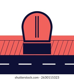 Ilustração de um semircaminhão em uma estrada com uma barreira listrada no fundo em vermelho e azul