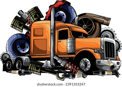 illustration of semi truck with part on white background
