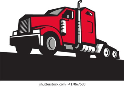 Illustration of a semi truck tractor set on isolated white background viewed from low angle done in retro style. 