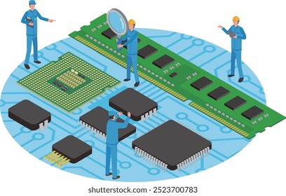 Ilustração de componentes e trabalhadores eletrônicos de semicondutores