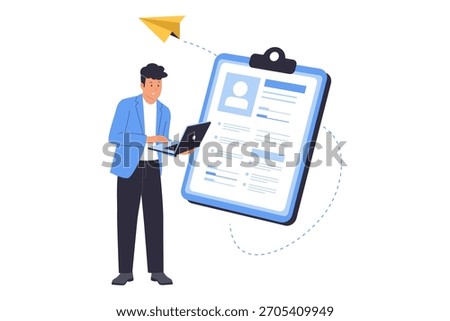 Illustration of Send Job Application and CV Submission. A man stands with a laptop, submitting his detailed CV and job application online. This visual is perfect for recruitment and job seeking
