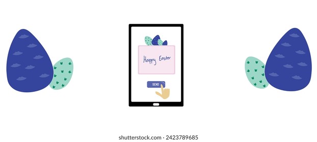 illustration of sending happy easter message with hand writen on a phone easter day with blue egg decoration