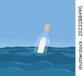 illustration of sending a letter or message hidden in a bottle dragged by the ocean waves in the middle of the sea, flat design vector