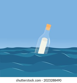 illustration of sending a letter or message hidden in a bottle dragged by the ocean waves in the middle of the sea, flat design vector