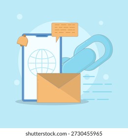 Illustration of sending a link via message, with icons of a mail envelope, a mobile phone, and a chain.