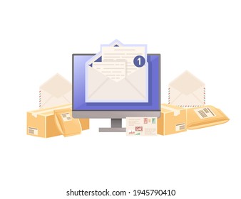 Illustration of sending mail with paper envelope and cardboard parcel vector illustration on white background