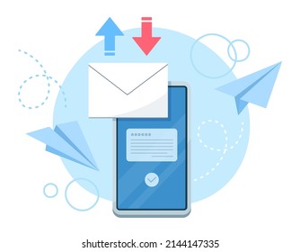 Illustration of sending and receiving email on a smartphone. Concept design for sending and receiving email on a cell phone.