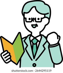 Ilustração de um homem de negócios sênior segurando uma marca de iniciante e posando com suas entranhas