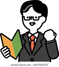 Illustration of a senior business man holding a beginner's mark and posing with his guts