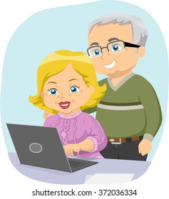 Illustration of a Senior Citizen Couple Enjoying Their New Laptop