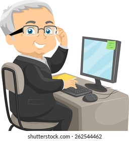 Illustration of a Senior Citizen Dressed in a Business Suit Sitting in Front of a Computer