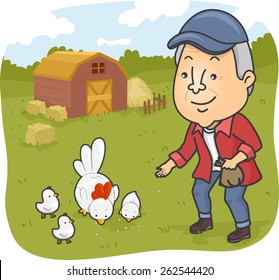 Illustration of a Senior Citizen Feeding Chickens in a Farm