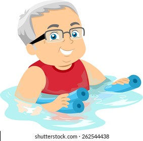 Illustration of a Senior Citizen Hanging on to Floaters While Swimming