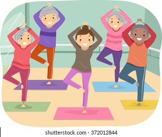 Illustration of Senior Citizens Enjoying their Yoga Indoor Activity