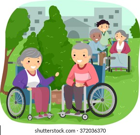 Illustration of Senior Citizens outside their room with a Caregiver