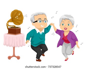 Illustration of a Senior Couple Dancing while Listening to Music Played by a Gramophone