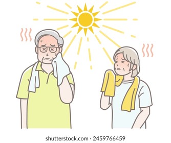 Illustration of a senior couple dizzy from heat stroke