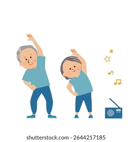Illustration of a senior couple doing radio calisthenics