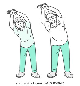 Illustration of a senior couple doing stretching exercises (summer clothes)