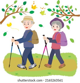 Illustration of the senior couple doing trekking.