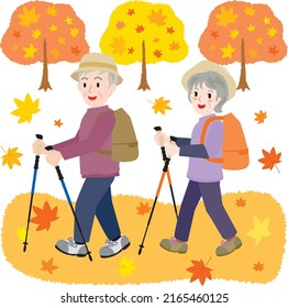 Illustration of the senior couple doing trekking in the autumn.