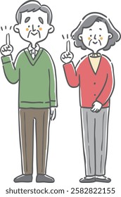 Illustration of a senior couple explaining with their index finger raised, full body, vector