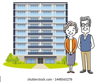 Illustration: senior couple: house, apartment