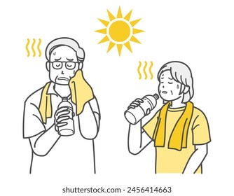 Illustration of a senior couple hydrating in heat stroke