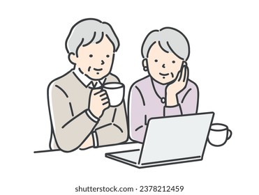 Ilustración de una pareja mayor mirando una computadora.