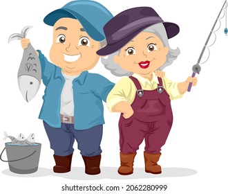 Illustration of Senior Couple, Man Holding Fish from Fish Pail and Woman Holding a Fishing Rod