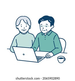 Illustration of a senior couple operating a laptop computer.