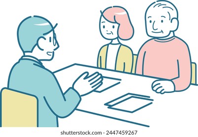 Illustration of a senior couple receiving explanation from a businessman