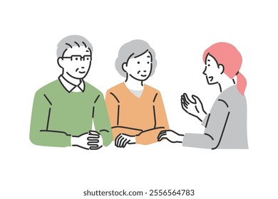 Illustration of a senior couple receiving an explanation from a saleswoman.