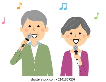 It is an illustration of a senior couple singing songs.